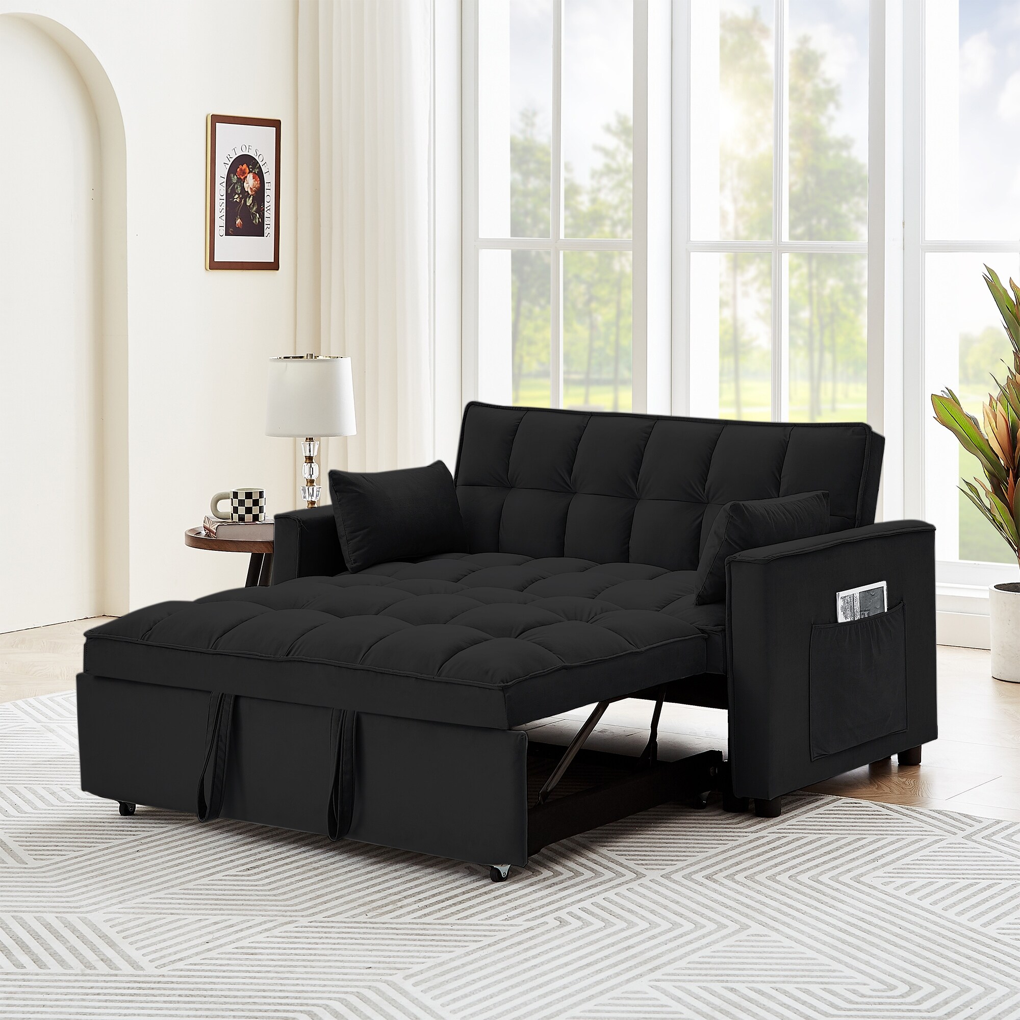 55" Convertible Sleeper Sofa Couch Pull Out Modern Velvet Sleeper Sofa ...